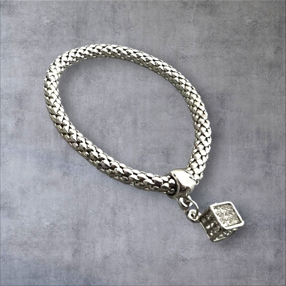 Stainless steel stretchy bracelet with paved  clear CZ cube Charm - Picture 2 of 4